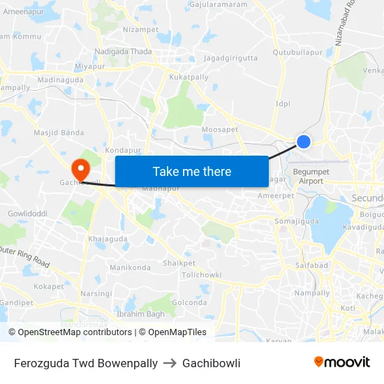 Ferozguda Twd Bowenpally to Gachibowli map