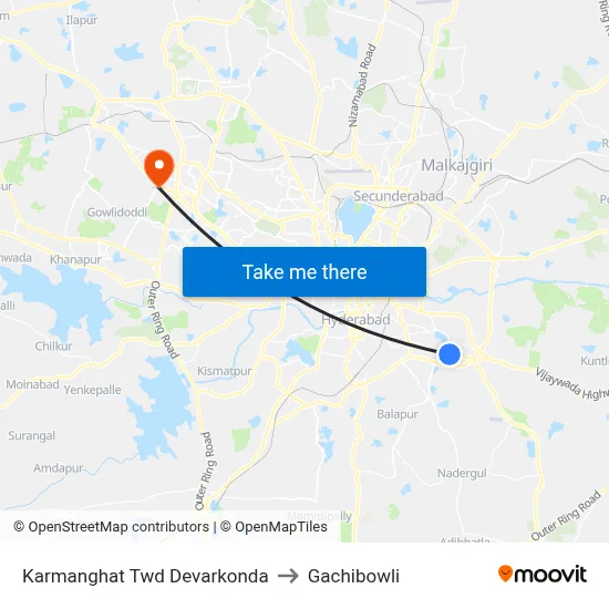 Karmanghat Twd Devarkonda to Gachibowli map