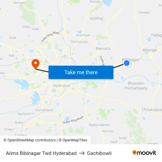 Aiims Bibinagar Twd Hyderabad to Gachibowli map