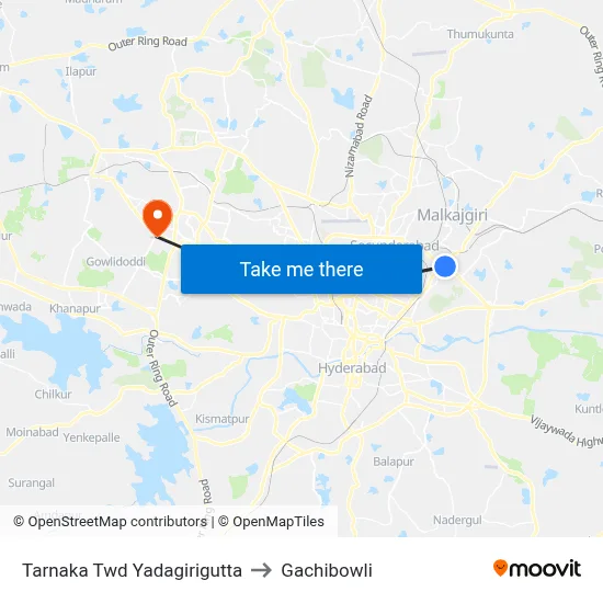 Tarnaka Twd Yadagirigutta to Gachibowli map