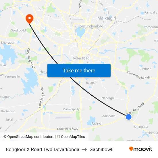 Bongloor X Road Twd Devarkonda to Gachibowli map