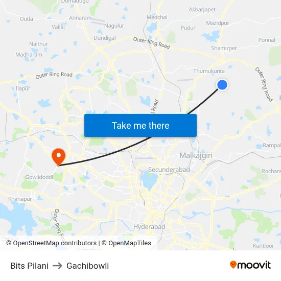Bits Pilani to Gachibowli map