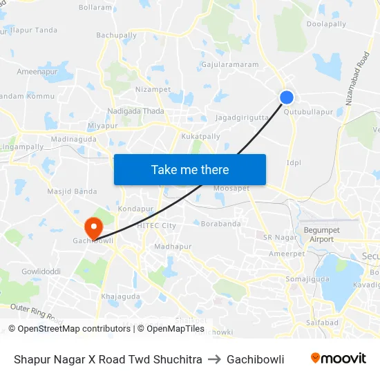 Shapur Nagar X Road Twd Shuchitra to Gachibowli map
