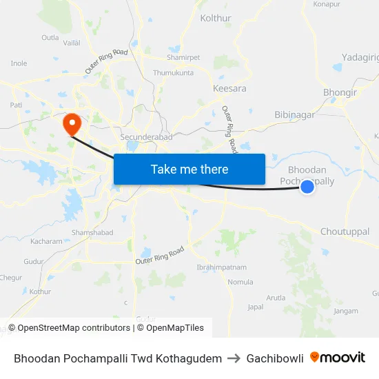 Bhoodan Pochampalli Twd Kothagudem to Gachibowli map