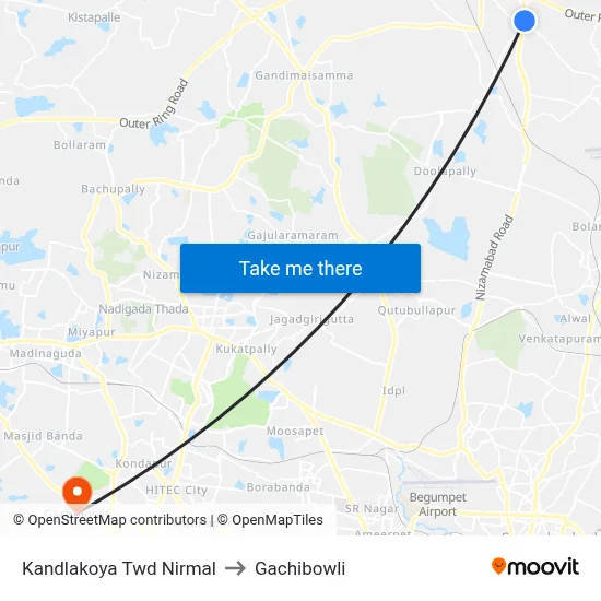 Kandlakoya Twd Nirmal to Gachibowli map