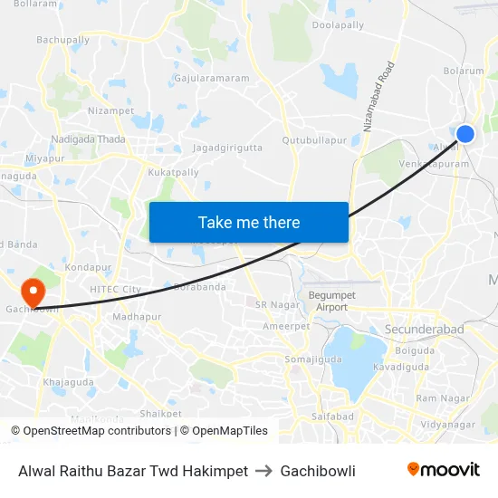 Alwal Raithu Bazar Twd Hakimpet to Gachibowli map