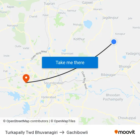 Turkapally Twd Bhuvanagiri to Gachibowli map