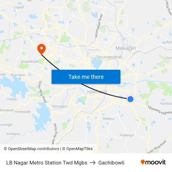 LB Nagar Metro Station Twd Mgbs to Gachibowli map