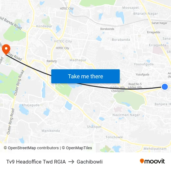 Tv9 Headoffice Twd RGIA to Gachibowli map