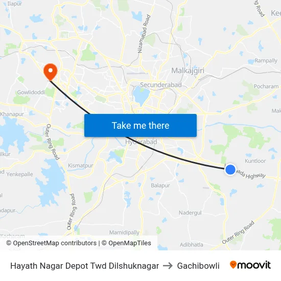 Hayath Nagar Depot Twd Dilshuknagar to Gachibowli map