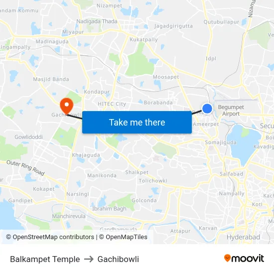 Balkampet Temple to Gachibowli map