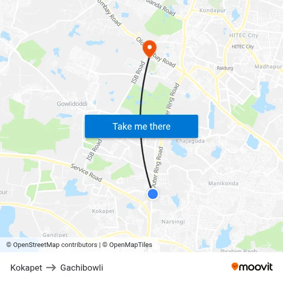 Kokapet to Gachibowli map