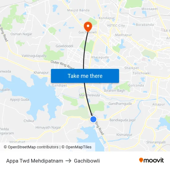 Appa Twd Mehdipatnam to Gachibowli map
