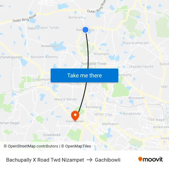 Bachupally X Road Twd Nizampet to Gachibowli map