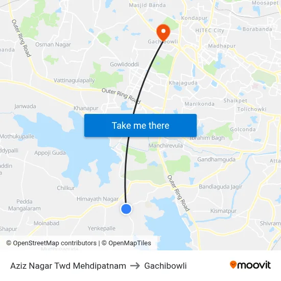 Aziz Nagar Twd Mehdipatnam to Gachibowli map