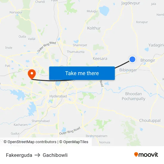 Fakeerguda to Gachibowli map