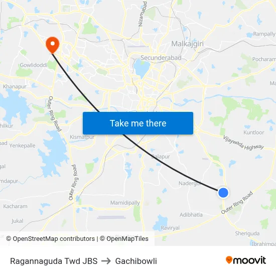 Ragannaguda Twd JBS to Gachibowli map