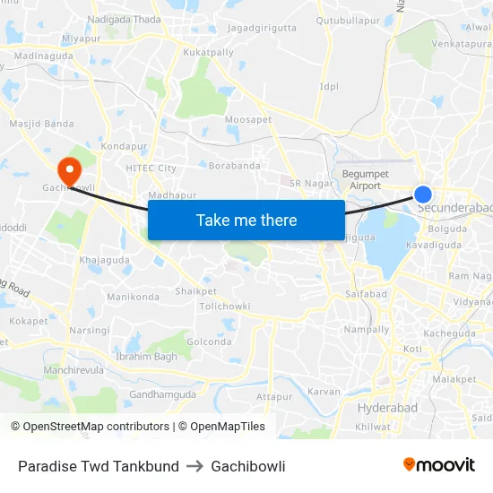 Paradise Twd Tankbund to Gachibowli map