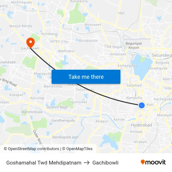 Goshamahal Twd Mehdipatnam to Gachibowli map