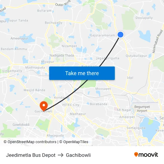 Jeedimetla Bus Depot to Gachibowli map