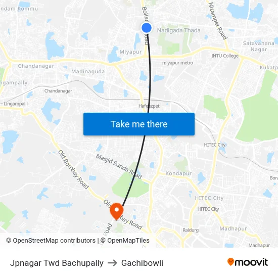 Jpnagar Twd Bachupally to Gachibowli map