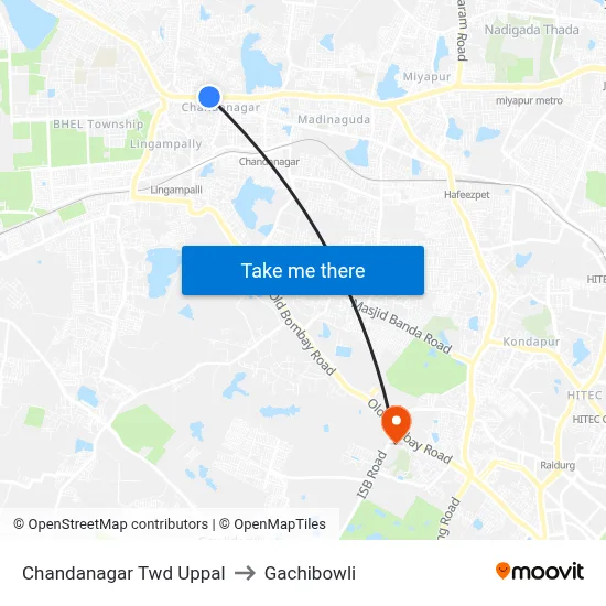 Chandanagar Twd  Uppal to Gachibowli map