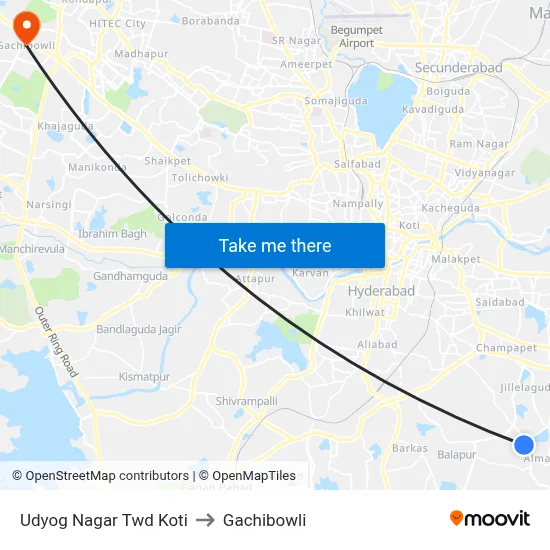 Udyog Nagar Twd Koti to Gachibowli map
