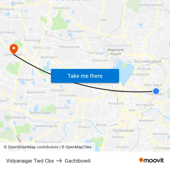 Vidyanagar Twd Cbs to Gachibowli map
