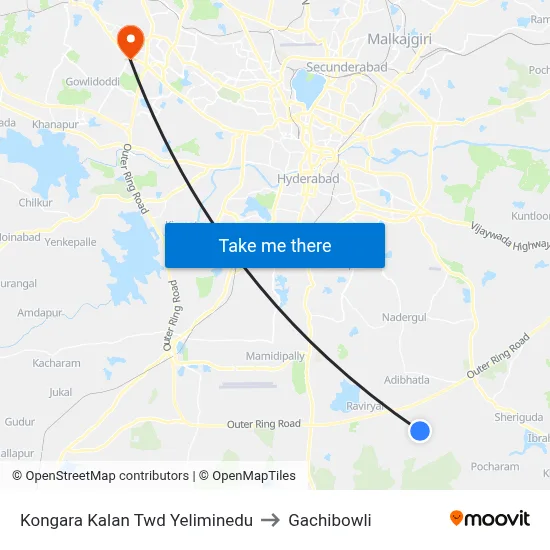 Kongara Kalan Twd Yeliminedu to Gachibowli map