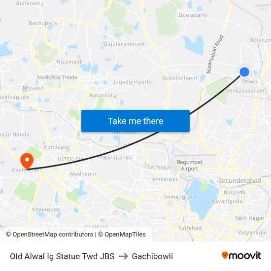 Old Alwal Ig Statue Twd JBS to Gachibowli map