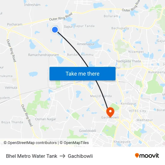 Bhel Metro Water Tank to Gachibowli map