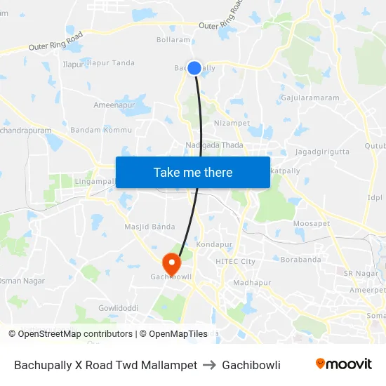 Bachupally X Road Twd Mallampet to Gachibowli map
