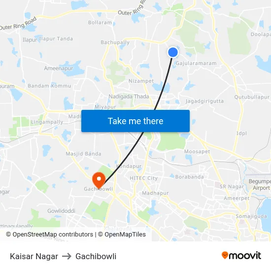 Kaisar Nagar to Gachibowli map