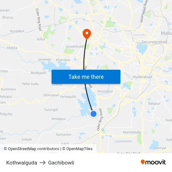 Kothwalguda to Gachibowli map