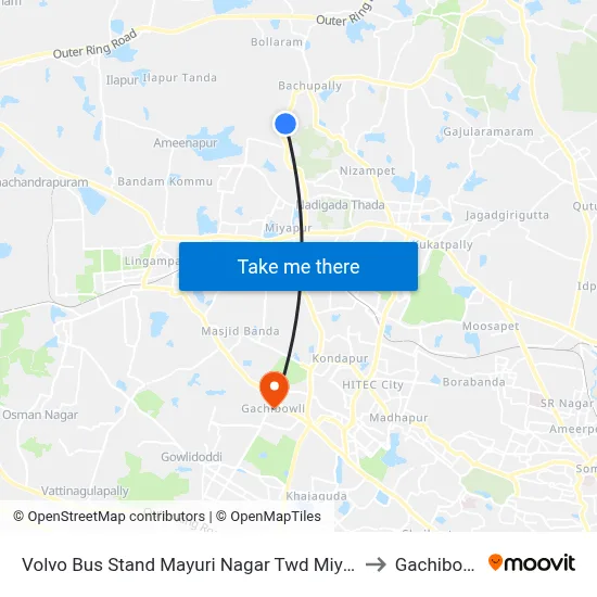Volvo Bus Stand Mayuri Nagar Twd Miyapur to Gachibowli map
