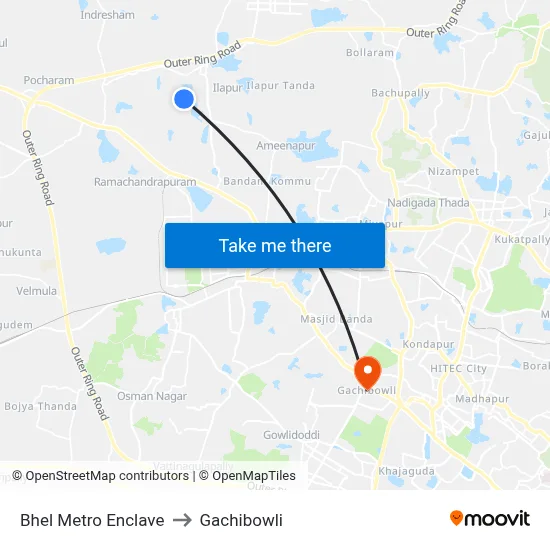Bhel Metro Enclave to Gachibowli map