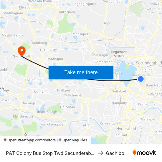P&T Colony Bus Stop Twd Secunderabad to Gachibowli map