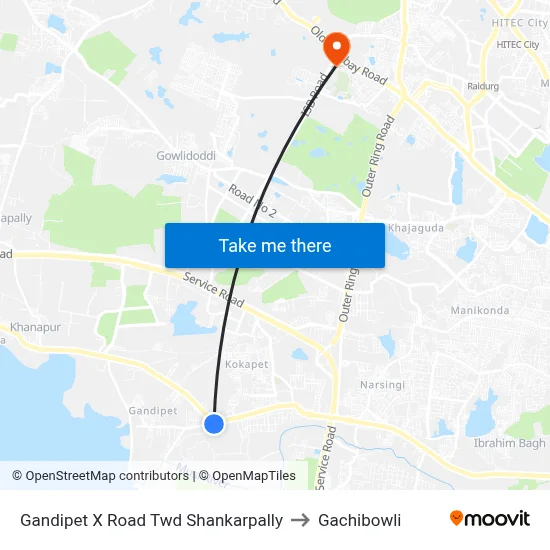 Gandipet X Road  Twd Shankarpally to Gachibowli map