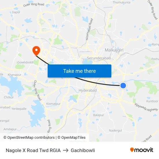 Nagole X Road Twd RGIA to Gachibowli map