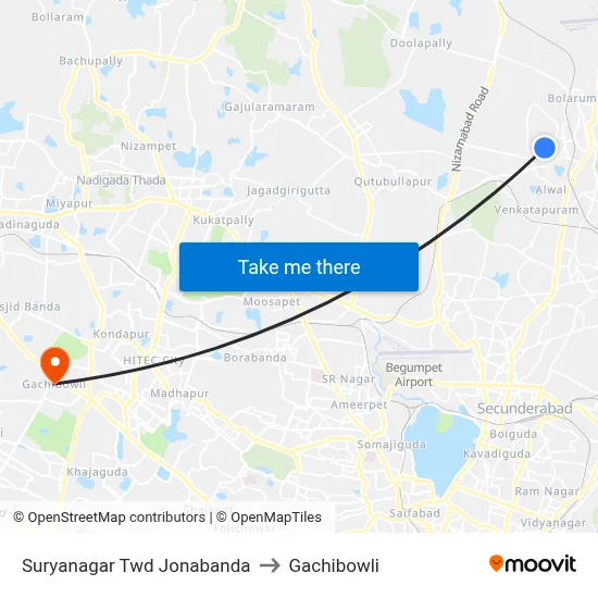 Suryanagar Twd Jonabanda to Gachibowli map