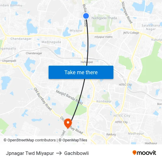 Jpnagar Twd Miyapur to Gachibowli map