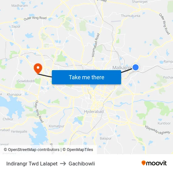 Indirangr Twd Lalapet to Gachibowli map