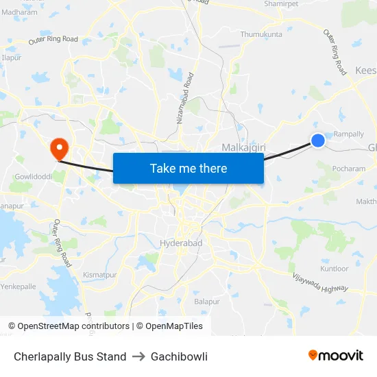 Cherlapally Bus Stand to Gachibowli map