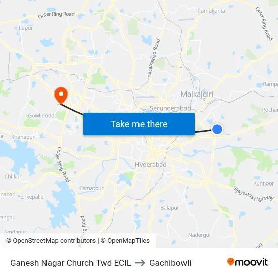 Ganesh Nagar Church Twd ECIL to Gachibowli map