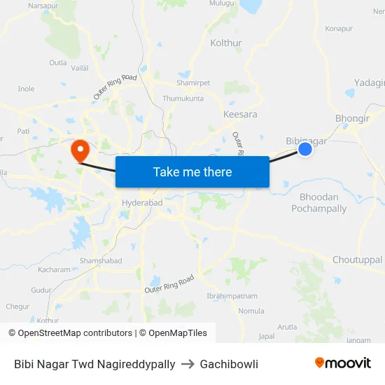 Bibi Nagar Twd Nagireddypally to Gachibowli map