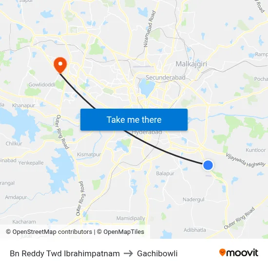 Bn Reddy Twd Ibrahimpatnam to Gachibowli map