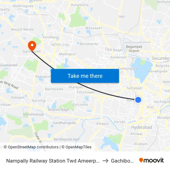 Nampally Railway Station Twd Ameerpet to Gachibowli map
