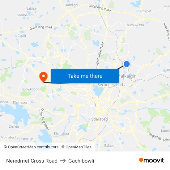 Neredmet Cross Road to Gachibowli map