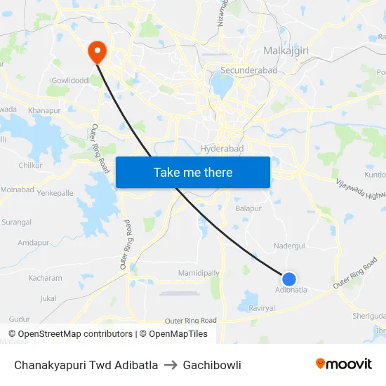 Chanakyapuri Twd Adibatla to Gachibowli map