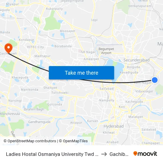 Ladies Hostal Osmaniya University Twd Tarnaka to Gachibowli map